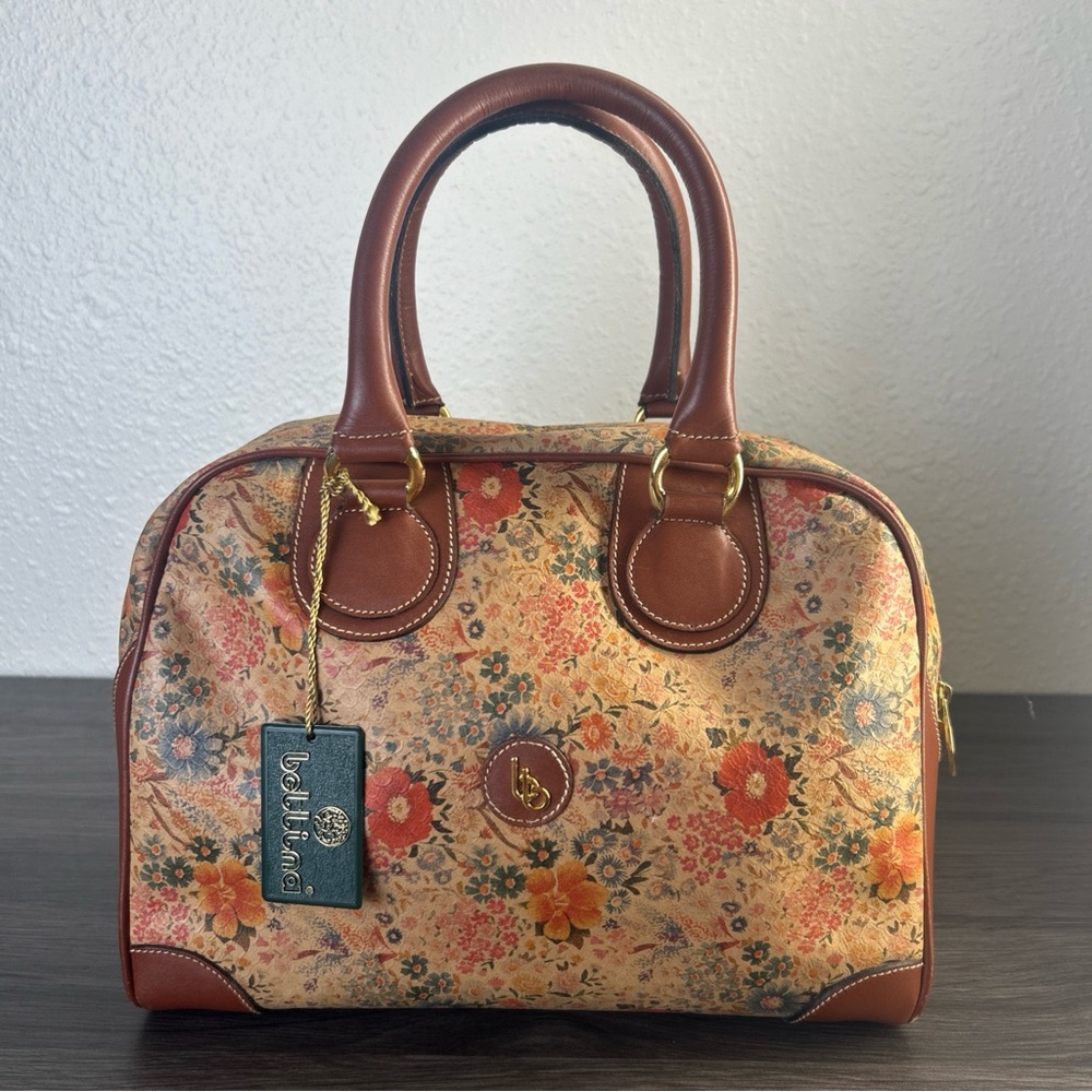Vintage BETTINA Italian Floral Embossed Leather Satchel Top Handle Bag ART 4490